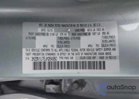 2018 Mazda Mazda3 Sport из США, поврежденный, VIN 3MZBN1U75JM264950